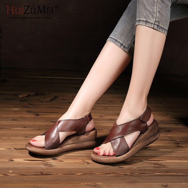  HUIZUMEI Fashion Shoes Women Genuine Leather Hand-made Sandal Summer New Wedges Retro And Stylish Shoes Slip-proof For Women