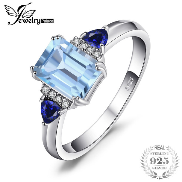 JewelryPalace 1.5ct Emerald Cut Genuine Sky Blue Topaz Created Sapphire Statement Ring For Women 100% 925 Sterling Silver Gift