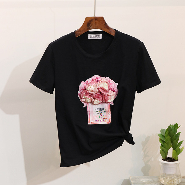 2019 Spring Summer Women t shirt short-sleeve 3D floral bottle tshirt cotton tops