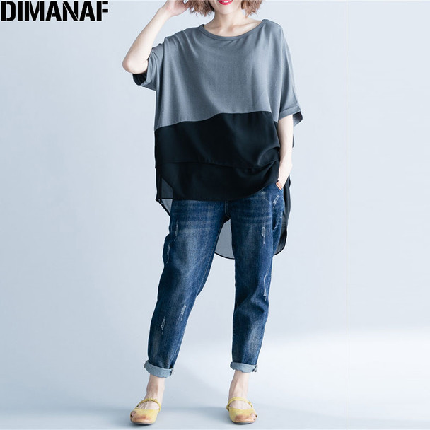 DIMANAF Women T-Shirt Summer Plus Size Chiffon Patchwork Elegant Oversized Irregular Basic Tops Female Casual Loose Tees Shirt