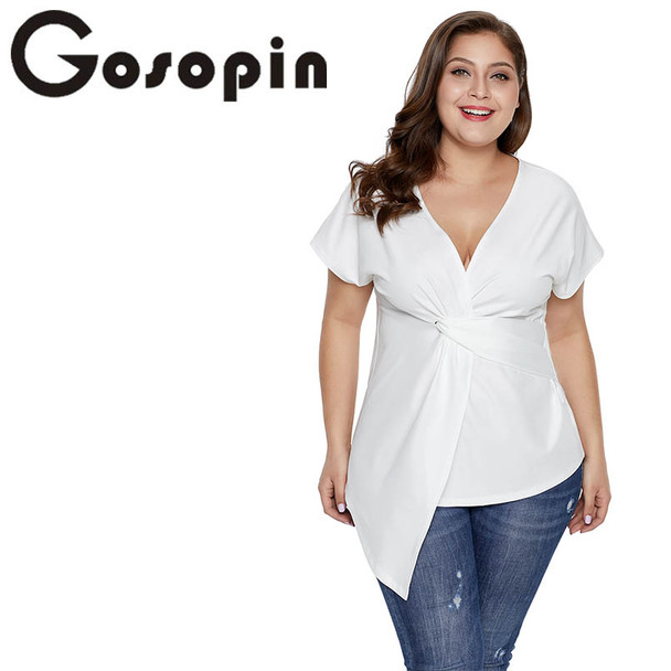 Gosopin Plus Size Twist Front T Shirts Sexy Summer Women Tops Deep V Neck Big Size Fashion Ladies Shirts Blusa 5xl LC251824