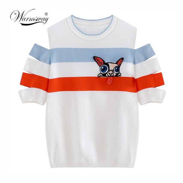 Warmsway Runway Knitting Summer Top tshirt Striped Dog Appliques Sweet T-shirts for Women Novelty Off Shoulder Female C-143 