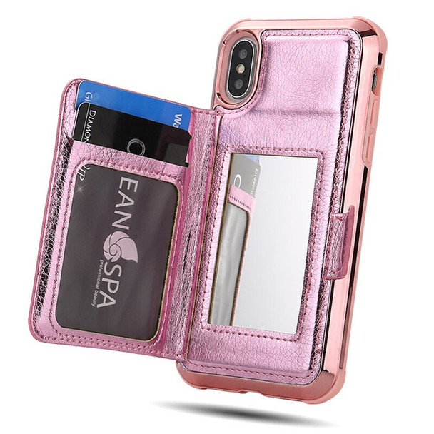 Card Case for iPhone XS Max XR XS 6 7 8 Plus Premium PU Leather Wallet Girl Case with Mirror for Samsung Galaxy S10 Plus S10e
