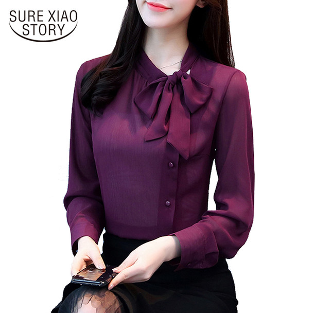 2018 new bow neck women's clothing spring long-sleeved chiffon women blouse shirt solid purple formal women tops blusas D304 30