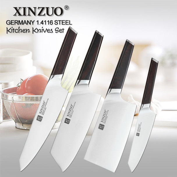 XINZUO 4 PCS Kitchen Knife Set Stainless Steel German 1.4116 Steel High Quality Chef Santoku Nakiri Boning Knives Ebony Handle