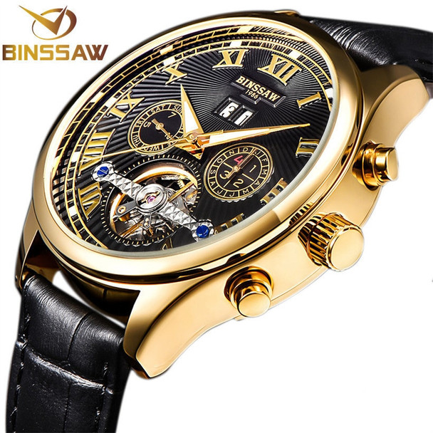 BINSSAW 2018 Men Luxury Brand Tourbillon Mechanical Fashion Casual Leather Business Sports Automatic Watch Relogio Masculino