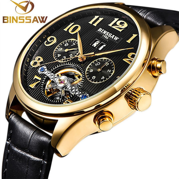 BINSSAW Mens Luxury Brand Automatic Mechanical Watches Sports Tourbillon Genuine Leather Fashion WristWatch Relogio Masculino