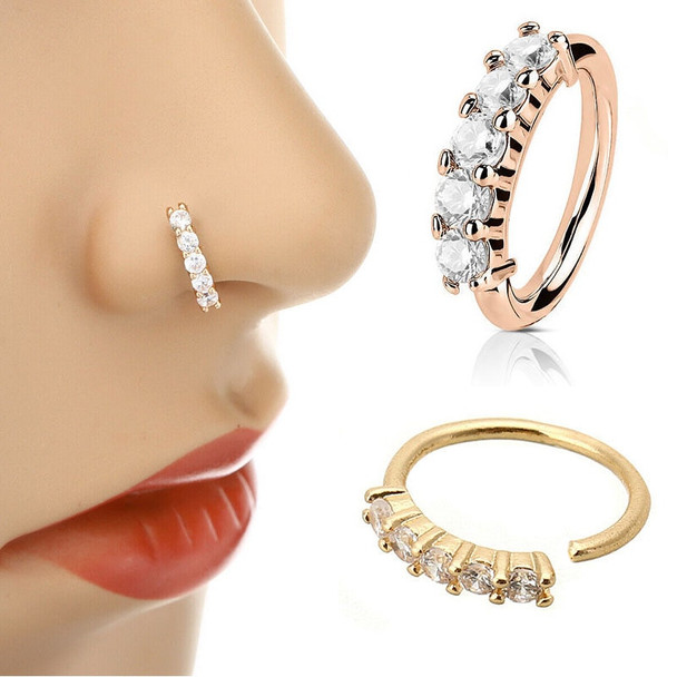  Fake Piercing Nose Ring Ear Rings Expander Hoop Rose Gold Silver Cz Tragus Cartilage Earrings Nostril Body Jewelry 