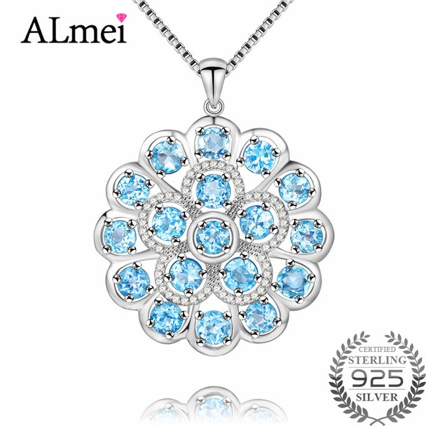 Almei 7.2ct Big 925 Sterling Silver Light Blue Topaz Crystal Stone Round Pendant Natural Rhinestone Jewelry with Chain Box CN053