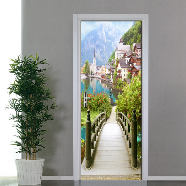 European Wooden Bridge Ancient Town Scenery Door Stickers 3D Wallpaper Living Room Bedroom PVC Waterproof Door Stickers 3D Mural