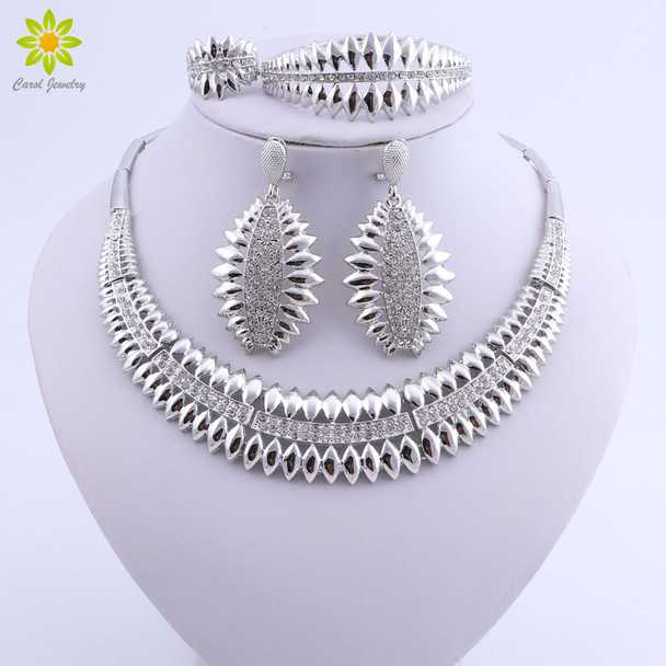 Fashion Woman Necklace Earring Ethiopian Jewelry Trendy Dubai Indian Silver Plated Wedding Jewellery Set