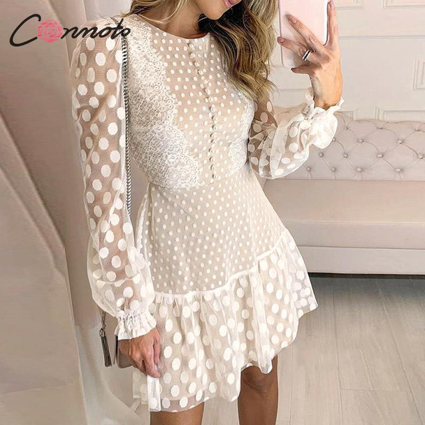 Conmoto Elegant White Mesh Short Party Dress 2019 Autumn Winter Transparent Long Sleeve Polka Dot Mini Dress Female Plus Size