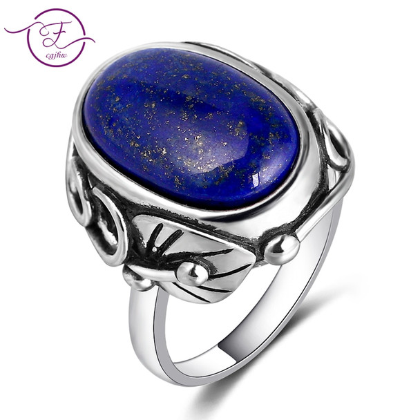 Natural Lapis Lazuli and White ChalcedonyRing Men's and Women's 925 Sterling Silver Jewelry Ring Large Stone 11x17MM Oval Gem