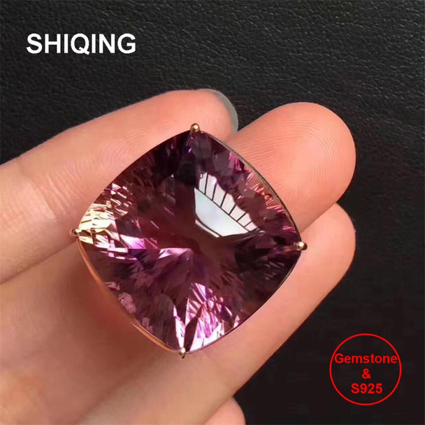 SHIQING Nature Ametrine genuine gemstone big sterling silver engagement square ring for women