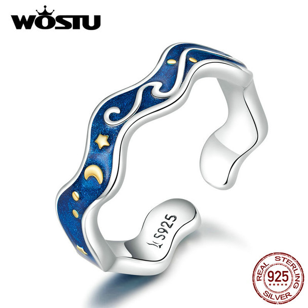 WOSTU Hot Fashion Real 925 Sterling Silver Starry Sky Blue Ring For Women Wedding Engagement Adjustable Rings Jewelry CQR608