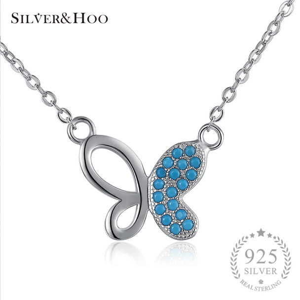 SILVERHOO Trendy Girls Crystal Pendants Necklaces Fine Jewelry Blue Butterfly Gift for Women 925 Sterling Silver