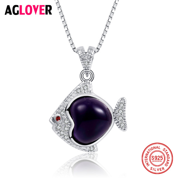 Amethyst 925 Sterling Silver Necklace Inlaid AAA Crystal Woman Fish Pendant Necklace Female Charm Jewelry