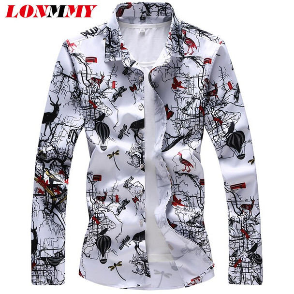 LONMMY Hawaiian shirt mens shirts casual slim fit Long sleeve blouses dress shirt male 35% Cotton Fashion animal print New