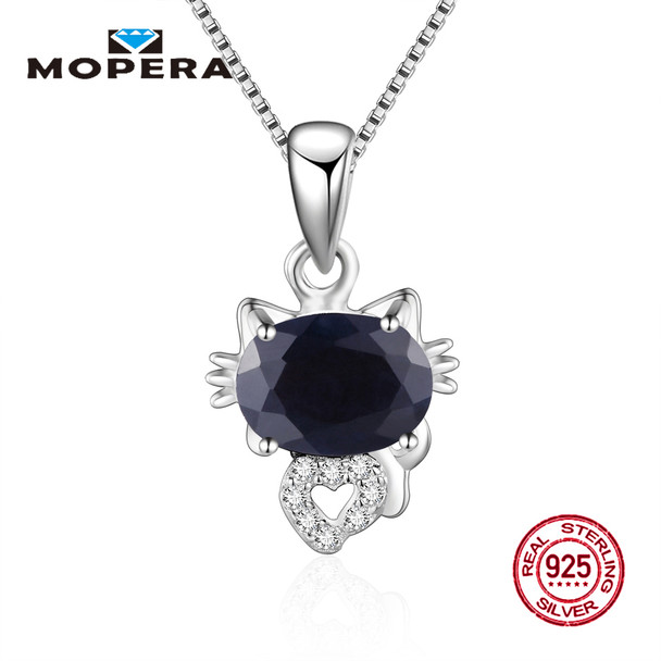 Mopera Necklace Women Sterling Silver 925 Jewelry Animal Cat Crystal Natural Sapphire Trendy Necklaces &amp; Pendants Fine Jewelry