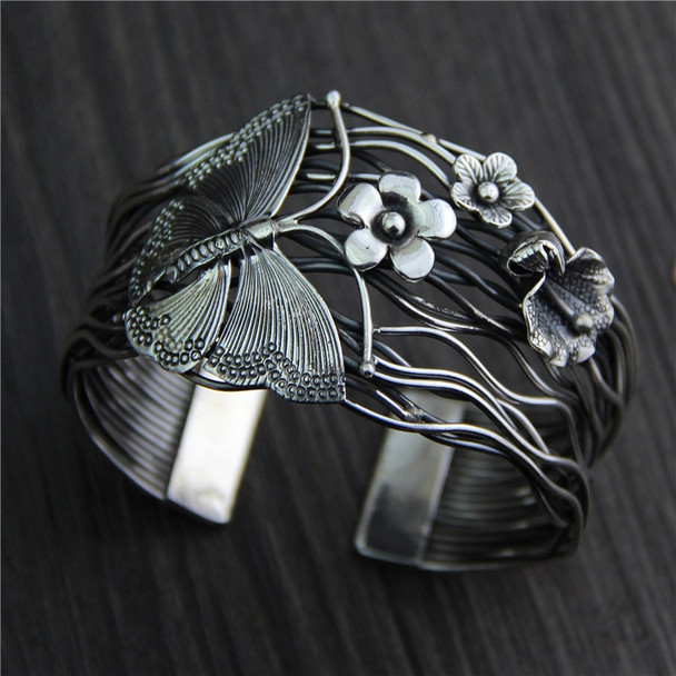 Real 925 Sterling Silver Butterfly And Flower Bangle For Women Exaggerated Wide Cuff Bracelet Wave Wire Handmade Jewelry 