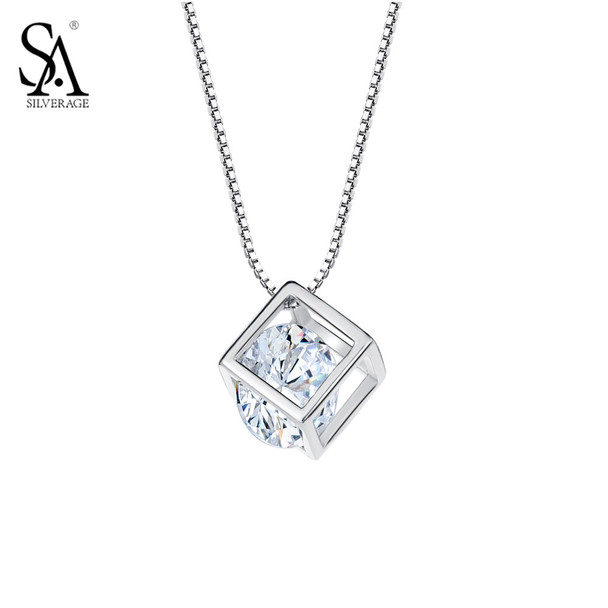 SA SILVERAGE Silver Pendant Cube 925 Sterling Silver Jewelry With CZ Women Fashion Necklaces &amp; Pendants Jewelry Party Gift