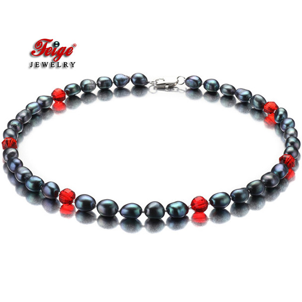 Feige Special offer Trendy style Baroque 7-8MM Black Freshwater Pearl Necklace for Women's Red Crystal Pearl fine Jewelry Collar