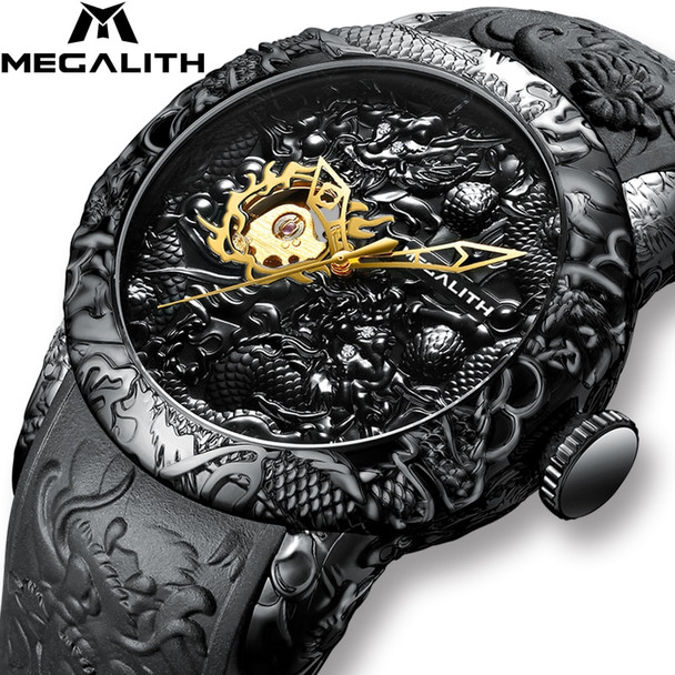 MEGALITH Fashion Gold Dragon Sculpture Men Watch Automatic Mechanical Watch Waterproof Silicone Strap Wristwatch Relojes Hombre