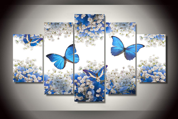  5 Panels Blue Butterfly And White Flowers Blossom Modern Home Wall Decor Canvas Picture Art HD Print Painting On Canvas Artworks