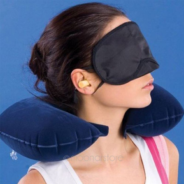 3 in 1 Travel Sets Comfortable Business Plane Trip Inflatable Neck Air Cushion Pillow + Eye Mask + 2 Ear Plug