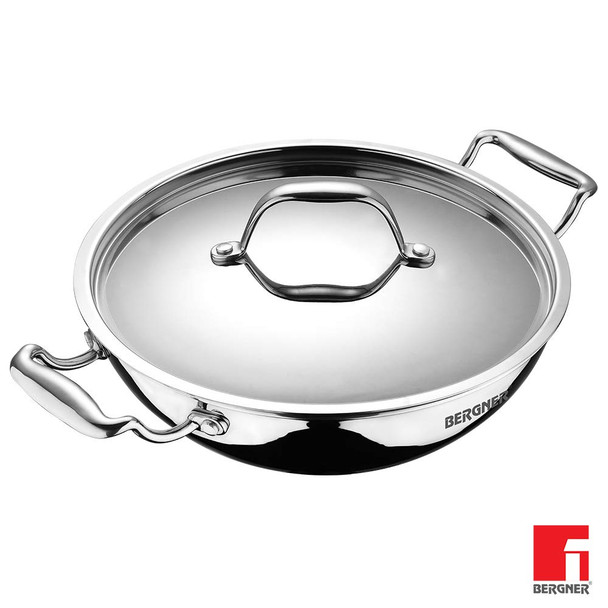 Bergner Argent Triply Stainless Steel Kadhai with Stainless Steel Lid, 24 cm, 2.5 Litres