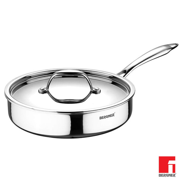  Bergner Argent Triply Stainless Steel Sautepan with Stainless Steel Lid, 22 cm, Induction Base, Silver