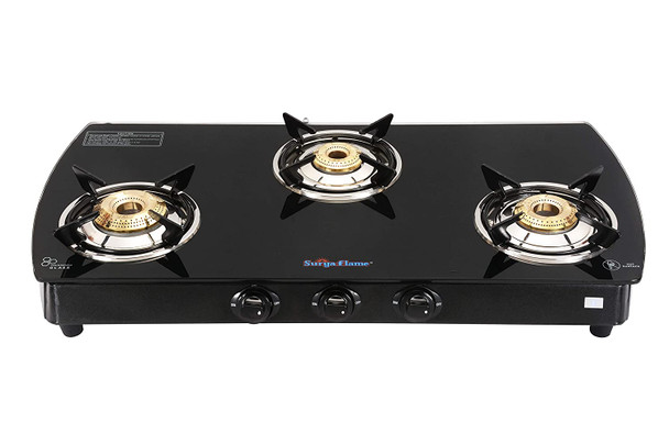 Surya flame 3 Burner Curve Glass Top MS Body Manual Ignition ISI Mark Gas Stove