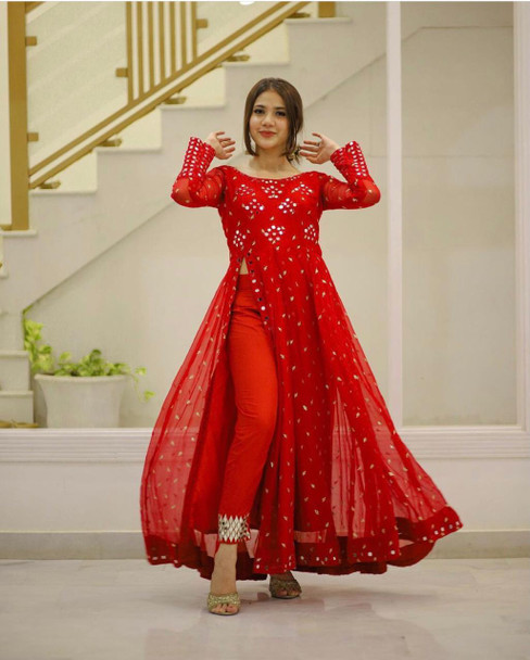 Beautiful Red Designer Suit with Foil Work on Georgette Fabric With Pant