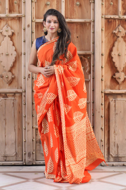 Cotton Mulmul Handblock Print Orange Saree with Blouse