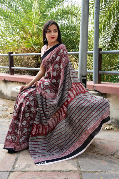 Cotton Mulmul Handblock Print Maroon Saree with Blouse