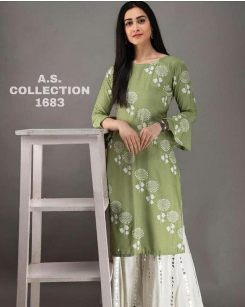  New Designer work Top Palazzo Hot and Latest Rayon Kurti With Palazzo-Pista GreenL,XL,XXL