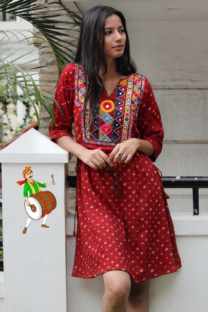 Cotton Printed Neckline with One Side Dory Western Style Kurti-Red (Size-M)