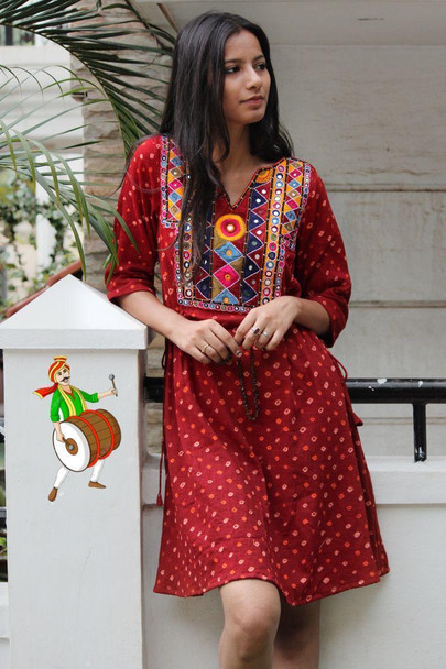 Cotton Printed Neckline with One Side Dory Western Style Kurti-Red (Size-XL)