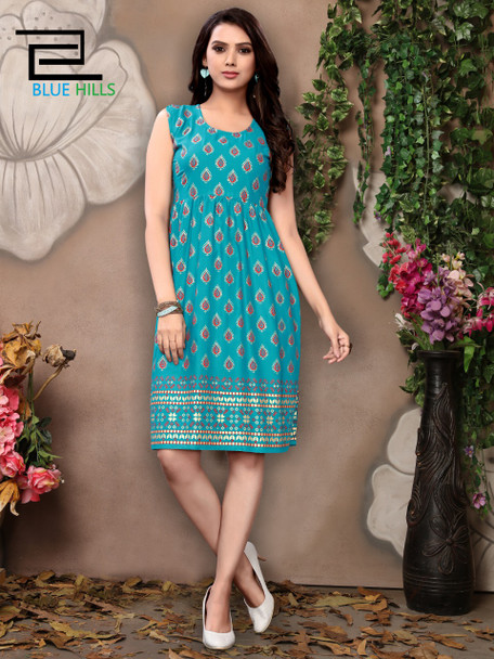 Indian Stylists Sleeves Rayon Print Sky Blue Kurti (Size-M)
