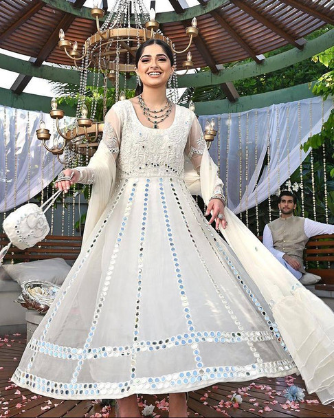 New 2021 Heavy Designer Georgette With Mirror Pepar Embroidery Work With Full Sleeves White Dress 