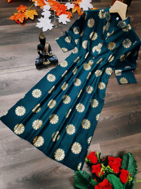 New 2021 Classic Gold Print Dark Blue Rayon Fabric Kurti (Size-M)