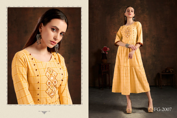 Presenting Pure Cotton Chex Yellow Kurti with Hand Embroidery Work (Size-M)