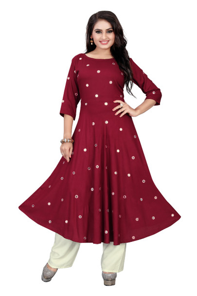 New 2021 Attractive Mirror Work Red Kurti with Palazzo and Dupatta (Size-L)