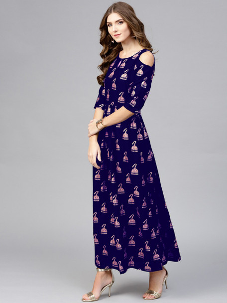 New 2021 Designer Party Wear Digital Printed Crap Silk Blue Gown (Size-XXL)