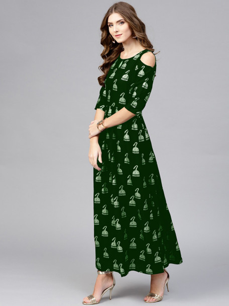 New 2021 Designer Party Wear Digital Printed Crap Silk Green Gown (Size-XL)