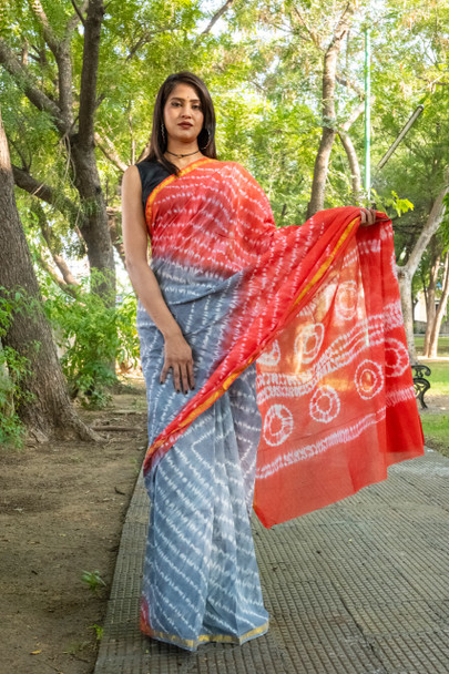 Presenting Handblock Print Gold Zari Border Red and Gray Saree with Blouse