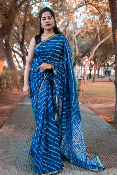 Presenting Handblock Print Gold Zari Border Blue Saree with Blouse (Design-3)