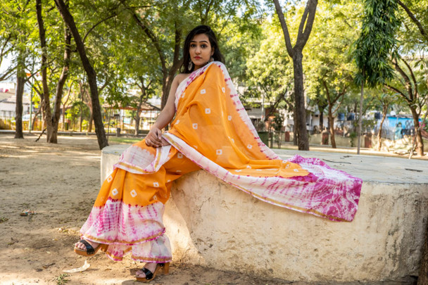 Presenting Handblock Print Gold Zari Border Orange Saree with Blouse