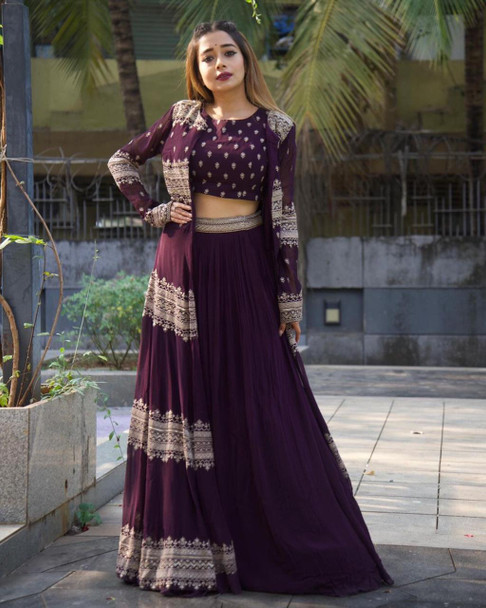 New 2021 Georgette With Heavy Embroidery Work With Full Sleev Choli- Purple