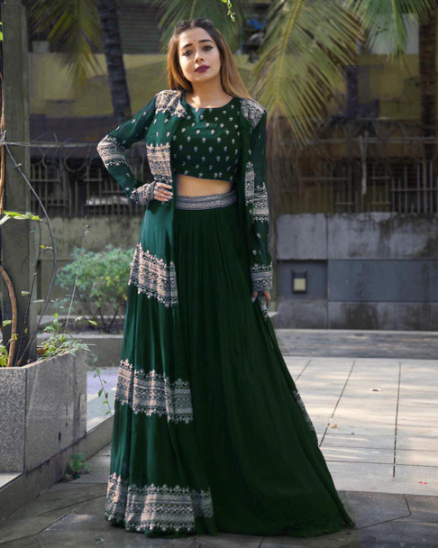  New 2021 Georgette With Heavy Embroidery Work With Full Sleev Choli- Green 